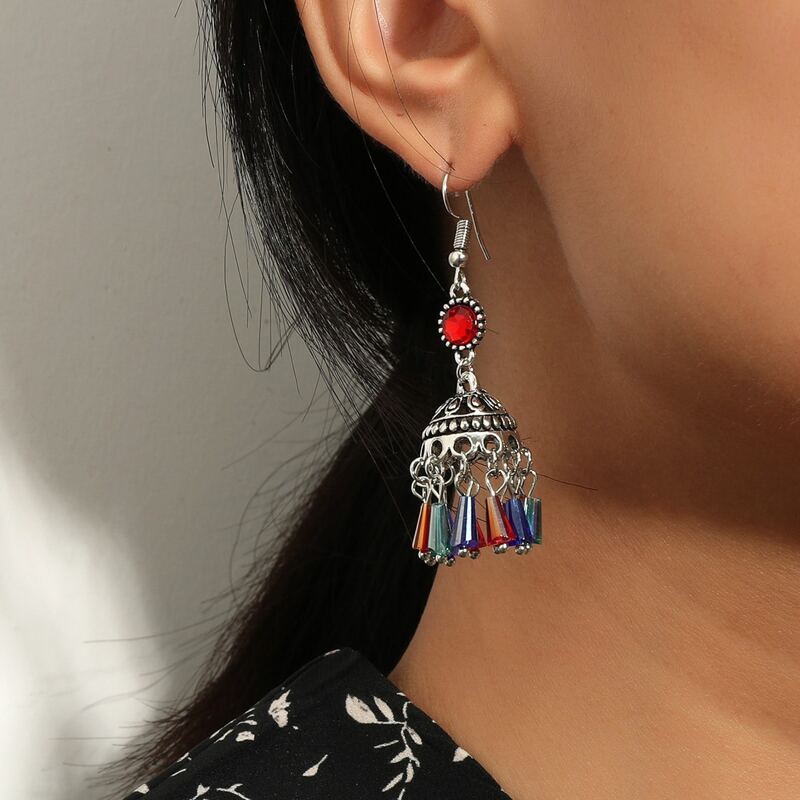 

Crystal Tassel Jhumka Earrings, Multicolor