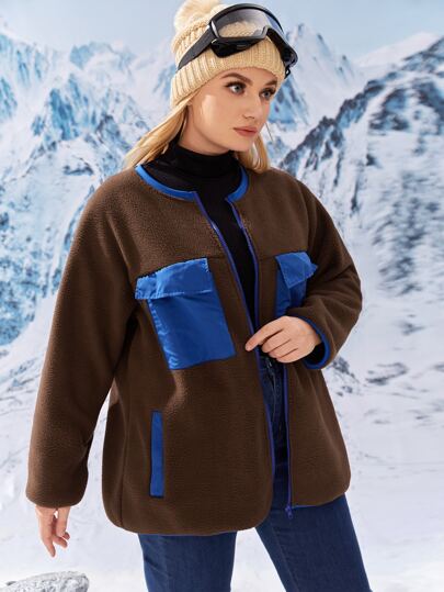 SHEIN Sports Plus Warming Contrast Flap Pocket Sports Jacket