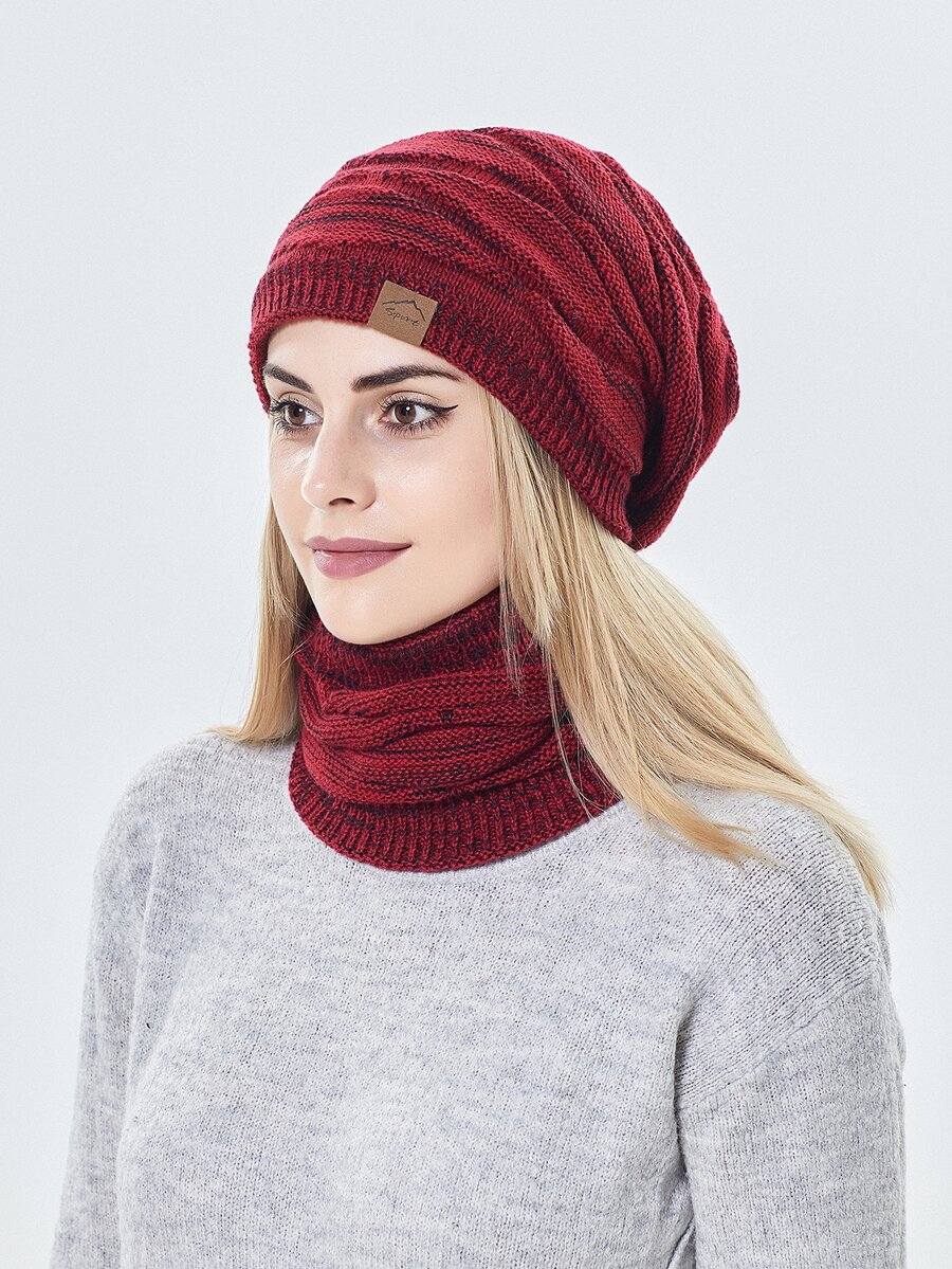素色針織帽和無窮圍巾 - 酒紅色 - 查看 1