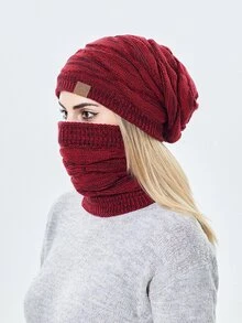 素色針織帽和無窮圍巾 - 酒紅色 - 查看 2