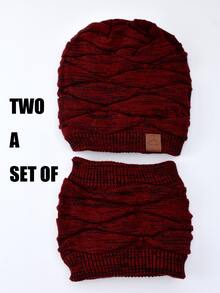 素色針織帽和無窮圍巾 - 酒紅色 - 查看 3