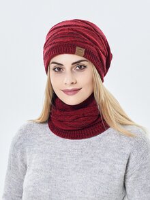 素色針織帽和無窮圍巾 - 酒紅色 - 查看 4