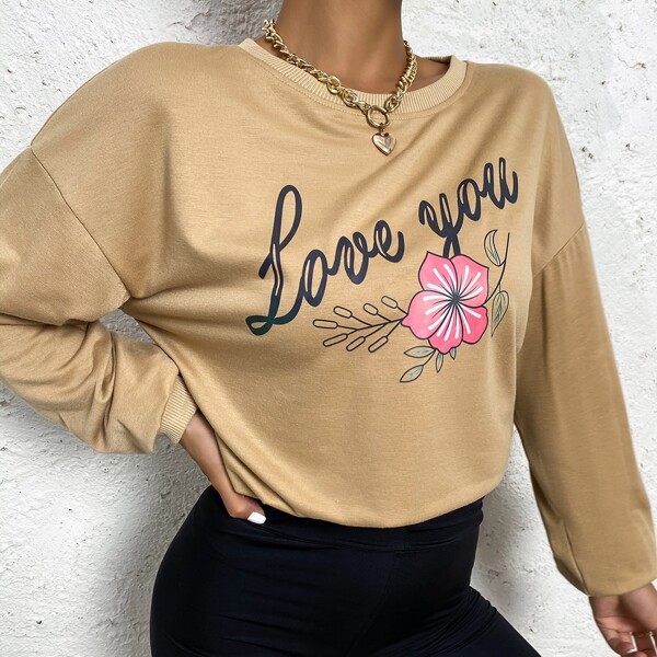

Floral & Letter Graphic Drop Shoulder Pullover, Khaki