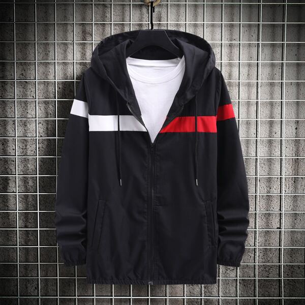 

Men Zip Up Colorblock Drawstring Hooded Jacket Without Top, Black