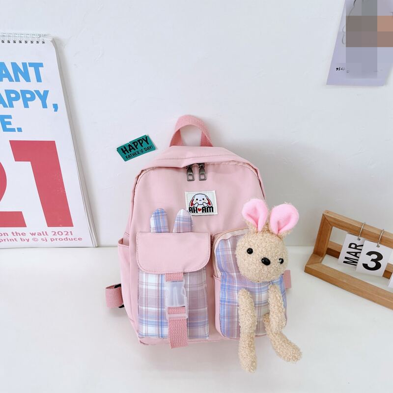Cartoon Rabbit Decor Pocket Front Backpack, Baby pink