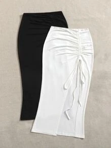 SHEIN VCAY 2 Pièces Jupe À Fente Haute Avec Cordon De Serrage Solide Pour Le Printemps