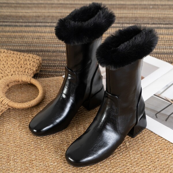 

Fluffy Detail Back Zipper Chunky Boots, Black