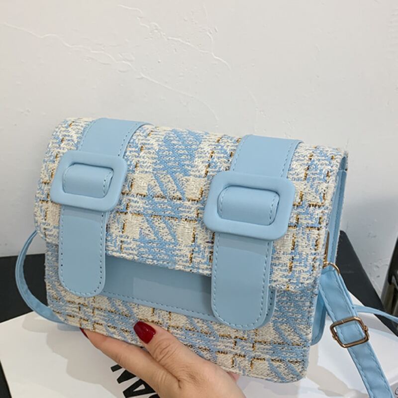 

Buckle Decor Plaid Pattern Crossbody Bag, Baby blue