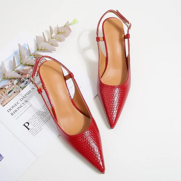 

Textured Point Toe Chunky Slingback Pumps, Red