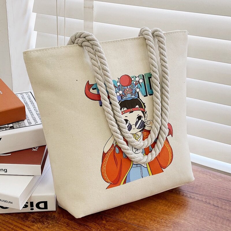 

Cartoon Graphic Shoulder Tote Bag, White