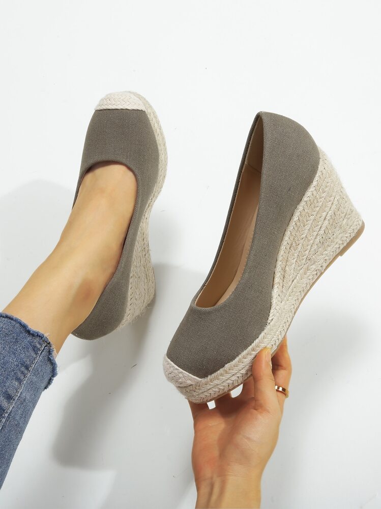 Canvas Espadrille Wedge Shoes - Army Green - View 1