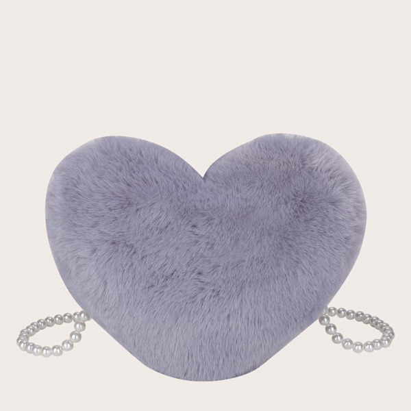 

Girls Heart Shaped Faux Pearl Decor Fluffy Crossbody Bag, Grey