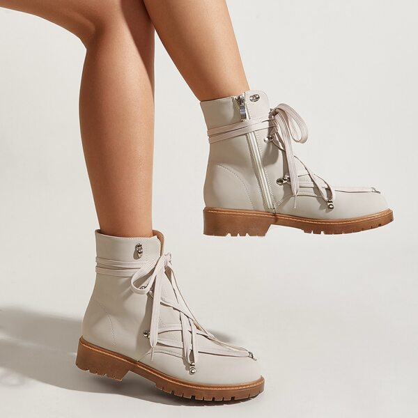 

Lace-up Front Combat Boots, Beige