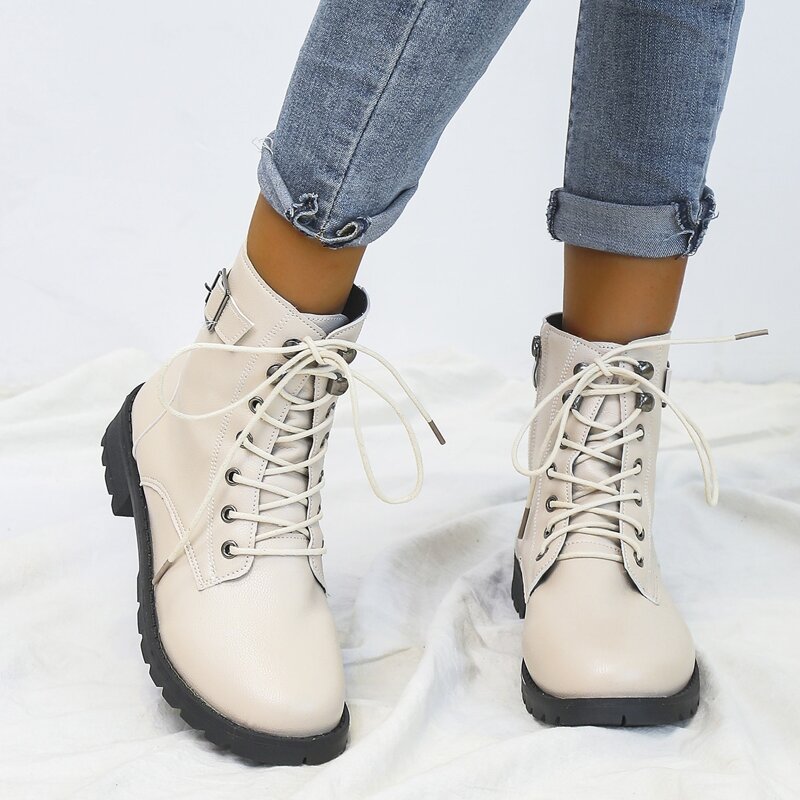 

Buckle Decor Lace-up Front Side Zipper Combat Boots, White