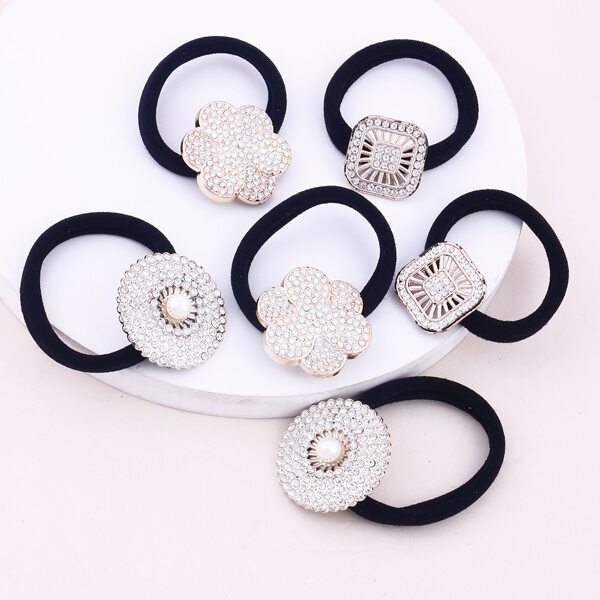 

6pcs Rhinestone Flower Decor Hair Tie, Multicolor