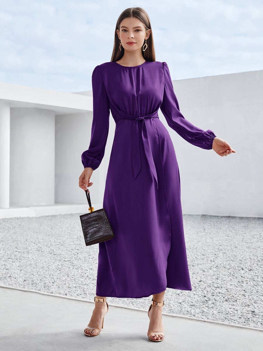 Modelyn 泡泡袖圍裹下擺腰帶連衣裙 - 紫羅蘭色 - 查看 1