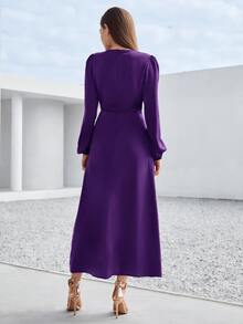 Modelyn 泡泡袖圍裹下擺腰帶連衣裙 - 紫羅蘭色 - 查看 2