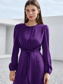 Modelyn 泡泡袖圍裹下擺腰帶連衣裙 - 紫羅蘭色 - 查看 3