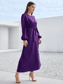 Modelyn 泡泡袖圍裹下擺腰帶連衣裙 - 紫羅蘭色 - 查看 4