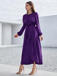 Modelyn 泡泡袖圍裹下擺腰帶連衣裙 - 紫羅蘭色 - 查看 5