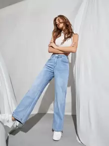 SHEIN EZwear High Waist Straight Leg Jeans - Light Wash - View 1