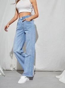 SHEIN EZwear High Waist Straight Leg Jeans - Light Wash - View 3