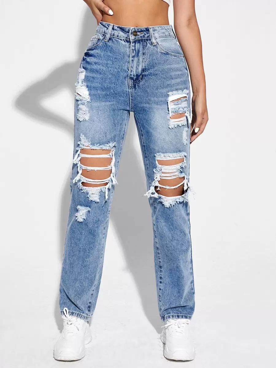 高腰破洞牛仔褲