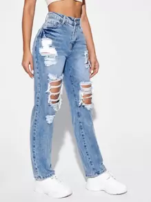 高腰破洞牛仔褲