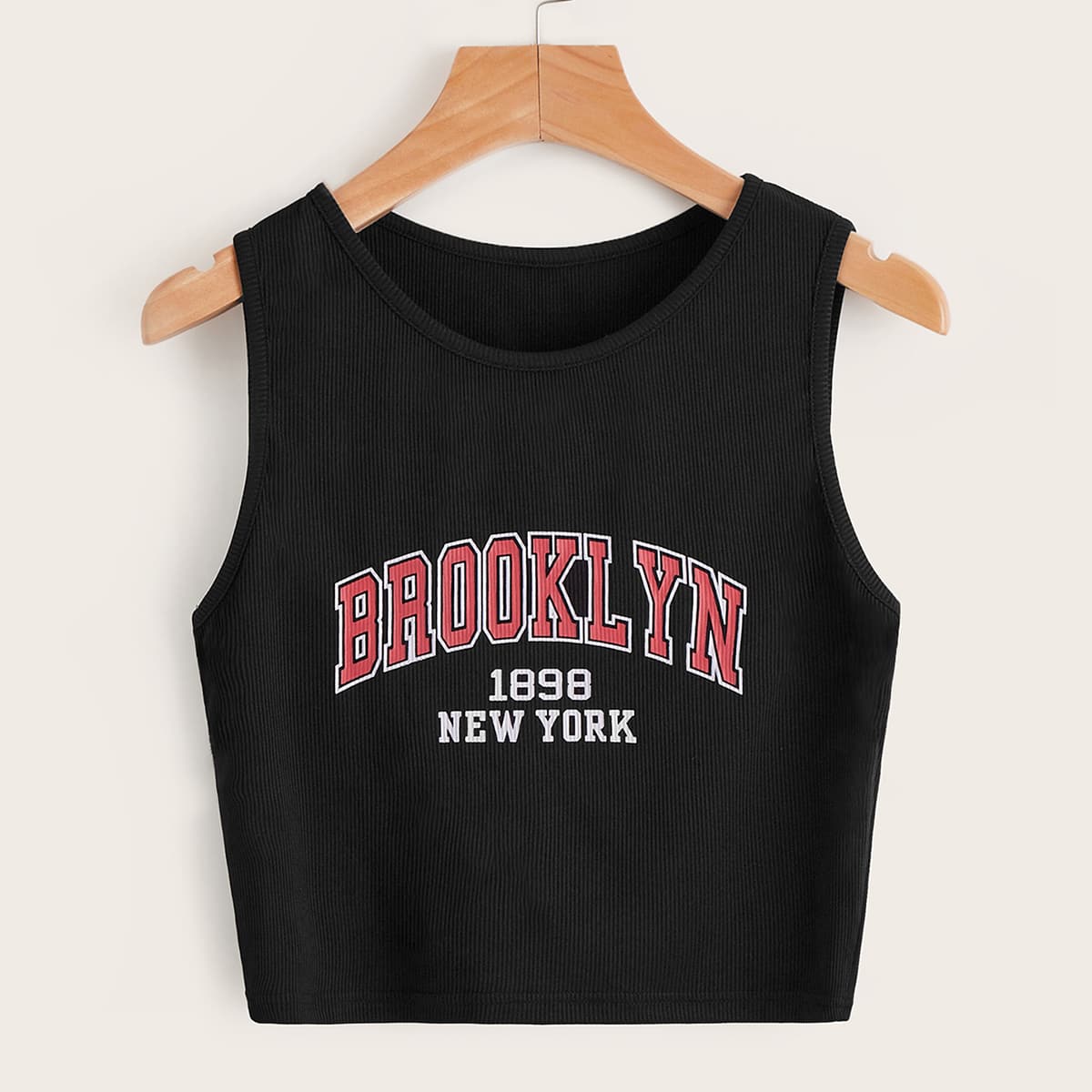 

Letter Print Ribbed Crop Tank Top, Black
