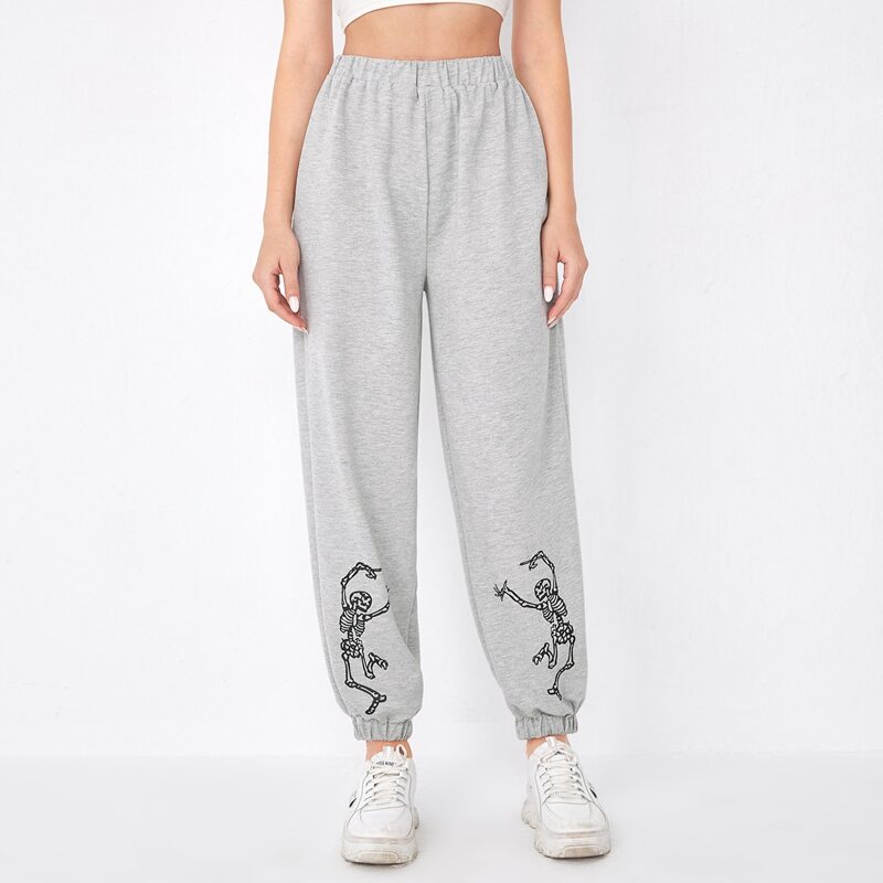 

Skull Graphic Elastic Waist Sweatpants, Light grey