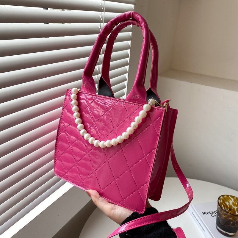 

Faux Pearl Decor Quilted Satchel Bag, Hot pink