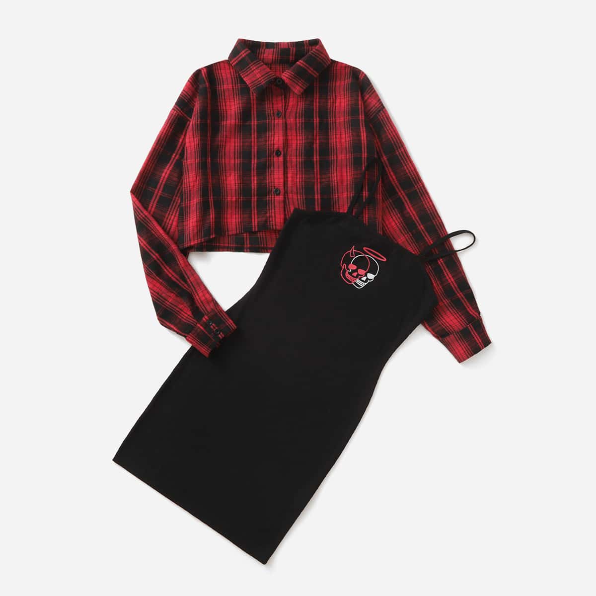 

Halloween Plaid Print Blouse & Skull Print Cami Dress, Multicolor