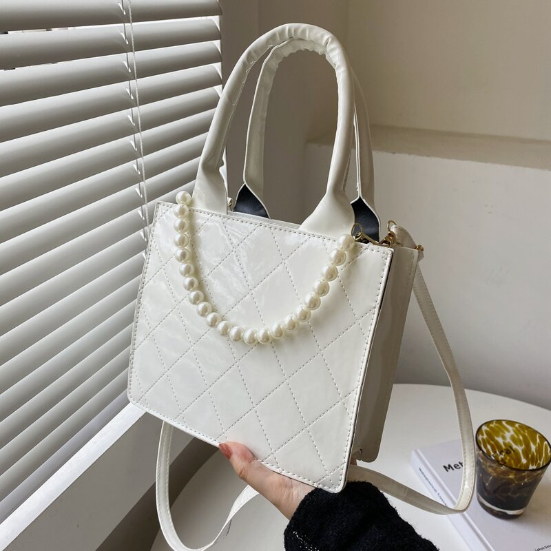 

Faux Pearl Decor Satchel Bag, White