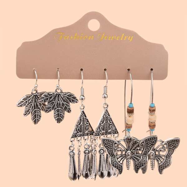

3pairs Geo Decor Drop Earrings, Antique silver