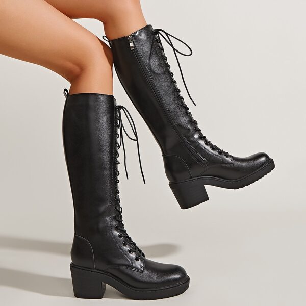

Lace Up Design Side Zipper Riding Boots, Black