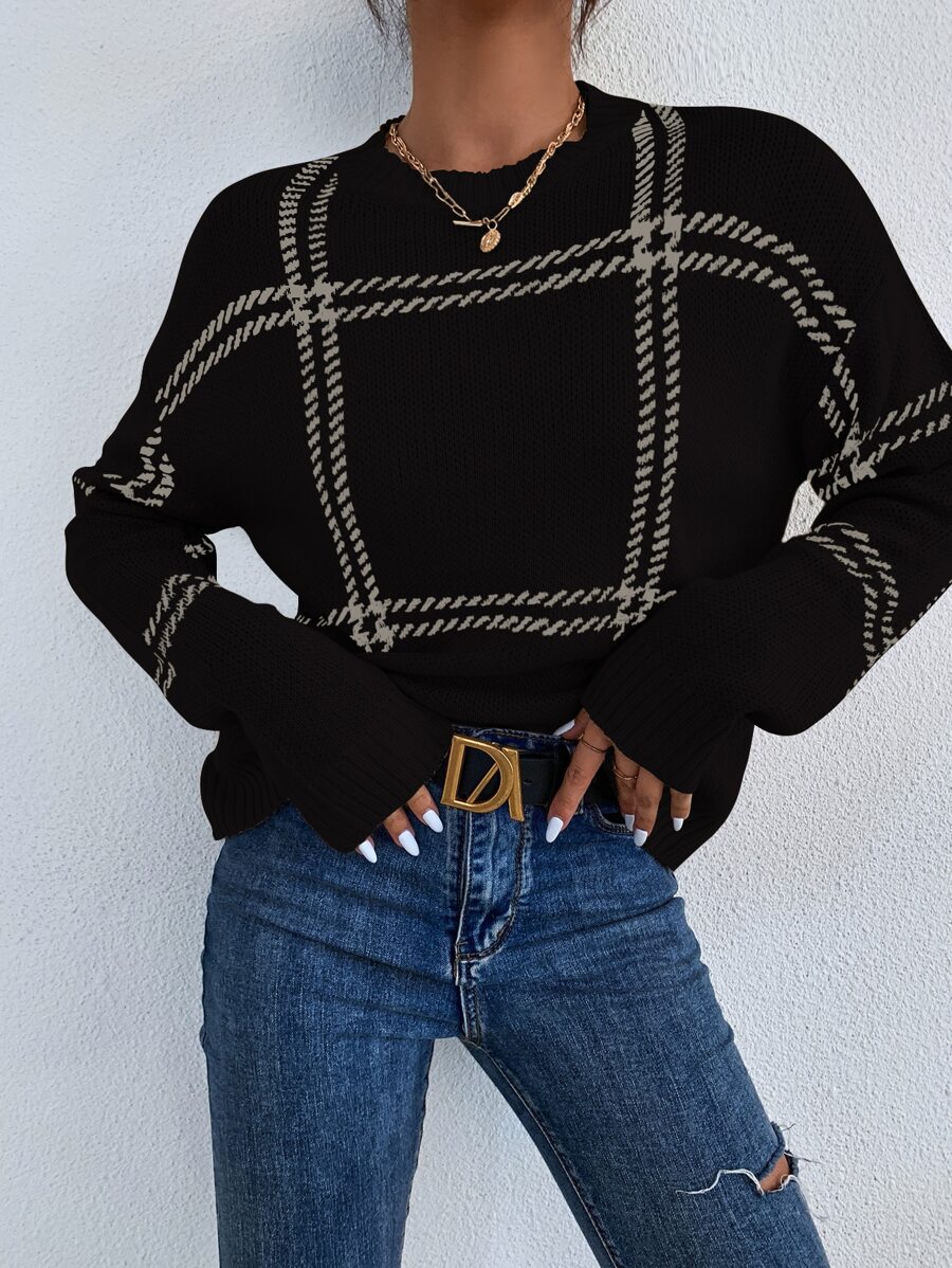 Chiquease Plaid Pattern Drop Shoulder Sweater,Long Sleeve Tops Knit Pullover Fall Winter Outfit