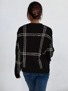 Chiquease Plaid Pattern Drop Shoulder Sweater,Long Sleeve Tops Knit Pullover Fall Winter Outfit