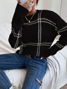 Chiquease Plaid Pattern Drop Shoulder Sweater,Long Sleeve Tops Knit Pullover Fall Winter Outfit