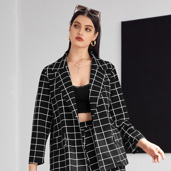 

Plus Lapel Neck Grid Print Blazer & Shorts, Black