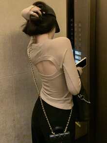 素色露背前紐扣套頭衫毛衣 - 卡其色 - 查看 2