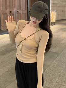 素色露背前紐扣套頭衫毛衣 - 卡其色 - 查看 5