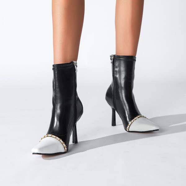

Two Tone Chain Decor Boots, Black
