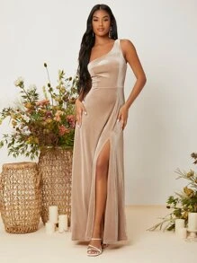 SHEIN Belle Vestido de un hombro con abertura alto de terciopelo - Albaricoque - Ver 1