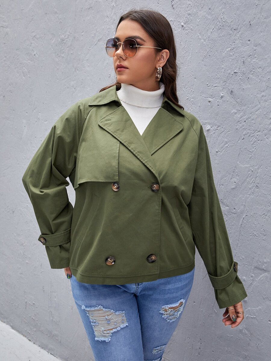 SHEIN Essnce Cazadora con botones de cuello con solapa de manga raglán - Verde militar - Ver 1