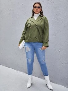 SHEIN Essnce Cazadora con botones de cuello con solapa de manga raglán - Verde militar - Ver 3