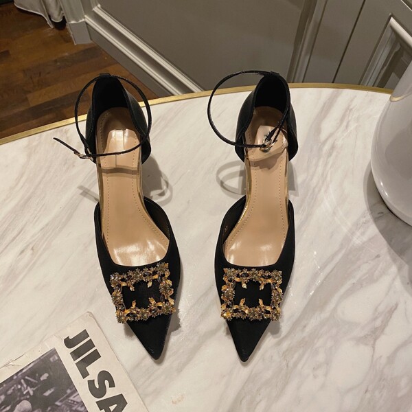 

Rhinestone Decor Ankle Strap Pyramid Pumps, Black