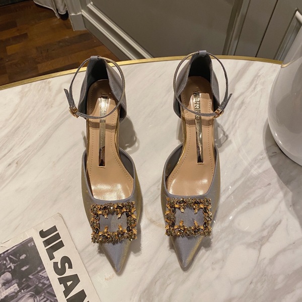 

Rhinestone Decor Ankle Strap Pyramid Pumps, Mauve purple