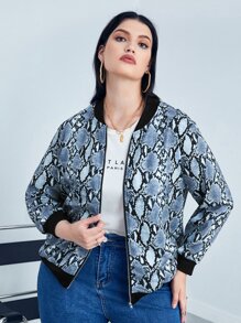 Plus Snakeskin Print Zip Up Bomber Jacket - Multicolor - View 1