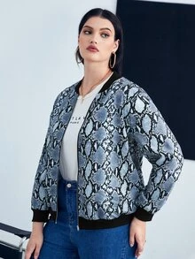 Plus Snakeskin Print Zip Up Bomber Jacket - Multicolor - View 3