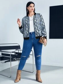 Plus Snakeskin Print Zip Up Bomber Jacket - Multicolor - View 4